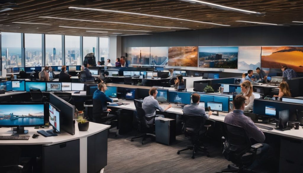 Cisco medewerkers werken samen in een hoogtechnologisch kantoor. Cisco medewerkers werken samen in een hoogtechnologisch kantoor.