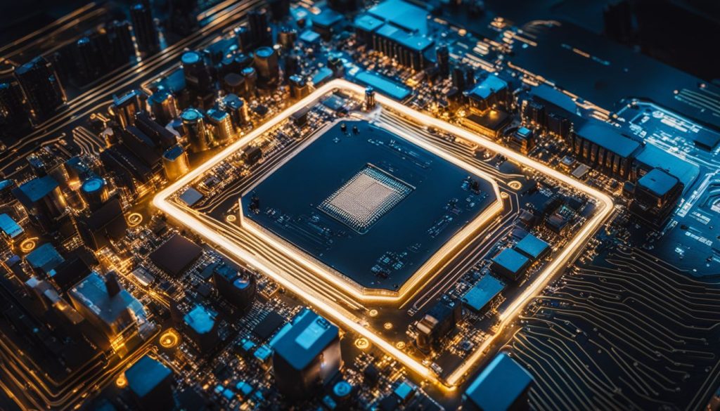 Een geïllustreerde printplaat omringd door futuristische technologie en verschillende gezichten. Hoe werkt ChatGPT